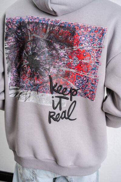 Keep It Real Nakış Detaylı Oversize Sweatshirt Gri - S